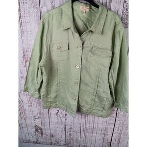 Choices Weekend Jacket Women’s XL Green 100% Linen 3/4 Sleeve Pockets